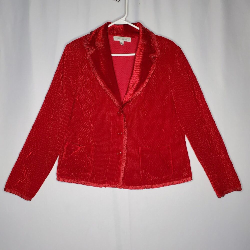 Harve‎ Benard Velour Blazer Women Red Ribbed Ruffle Button Romantic Holiday Vamp